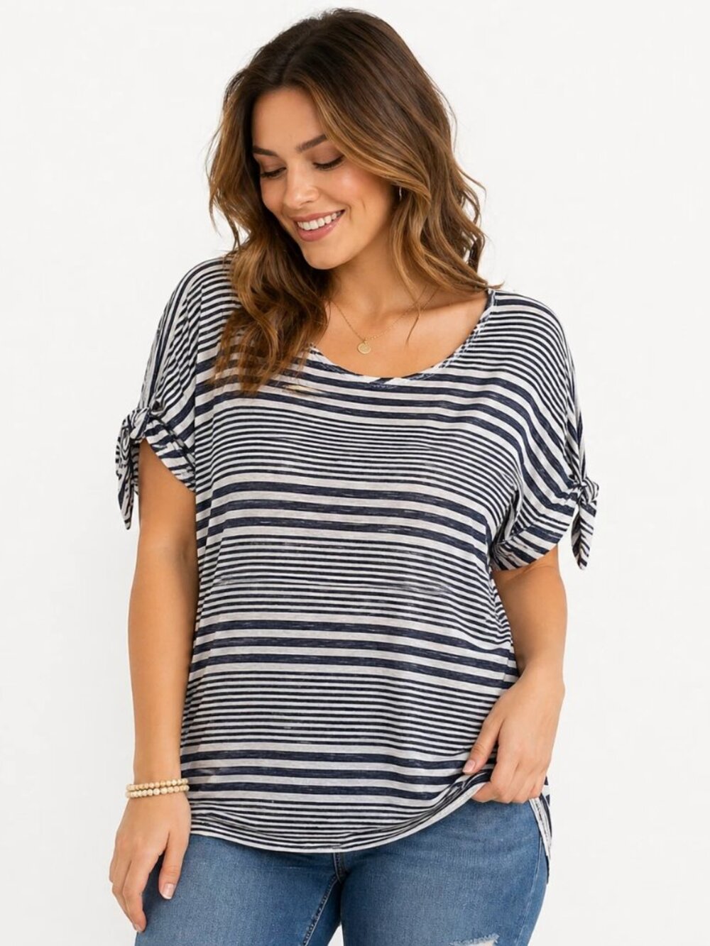 Max Studio Coastal Navy/White Nautical Stripe Tie Sleeve Top Relaxed 1X Chic